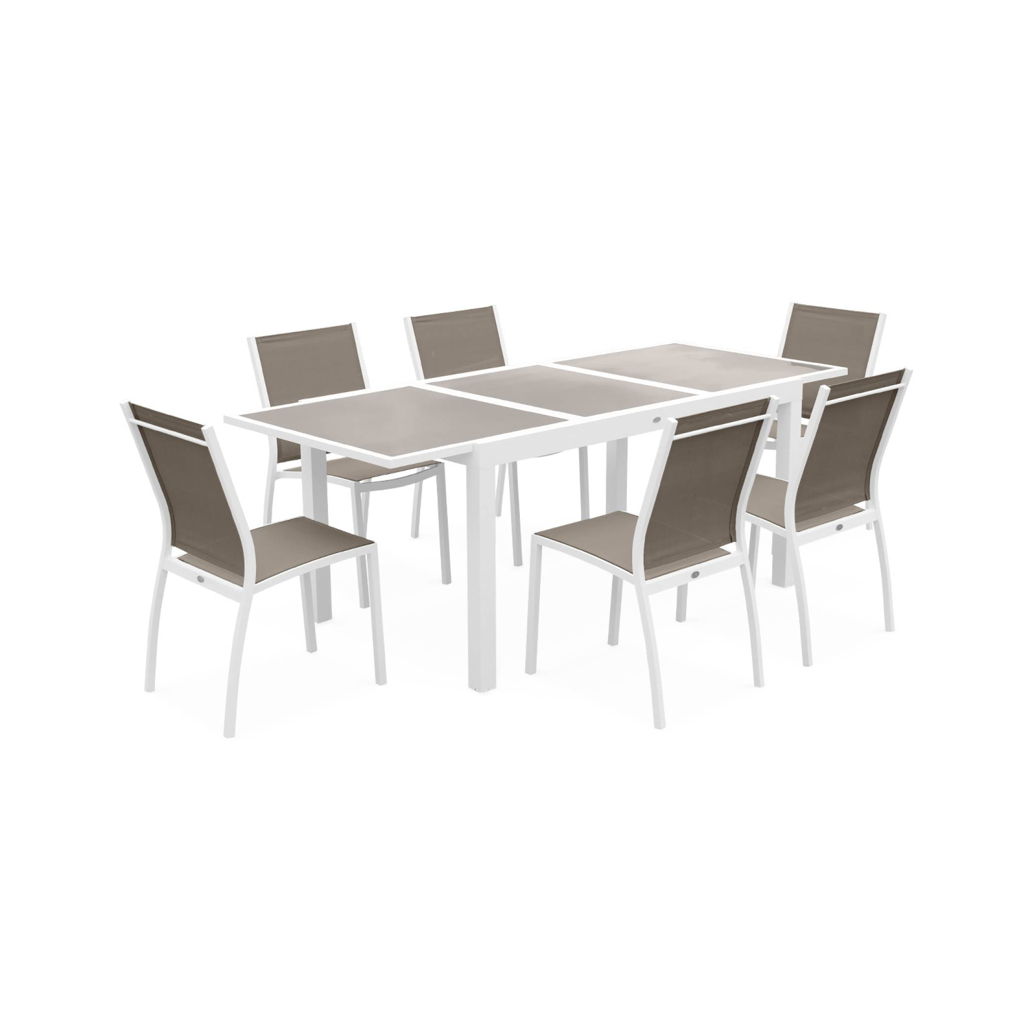 Table de jardin extensible aluminium + 6 assises - Orlando Taupe - Table en aluminium 150/210cm. plateau de verre. rallonge et 6 chaises en textilène