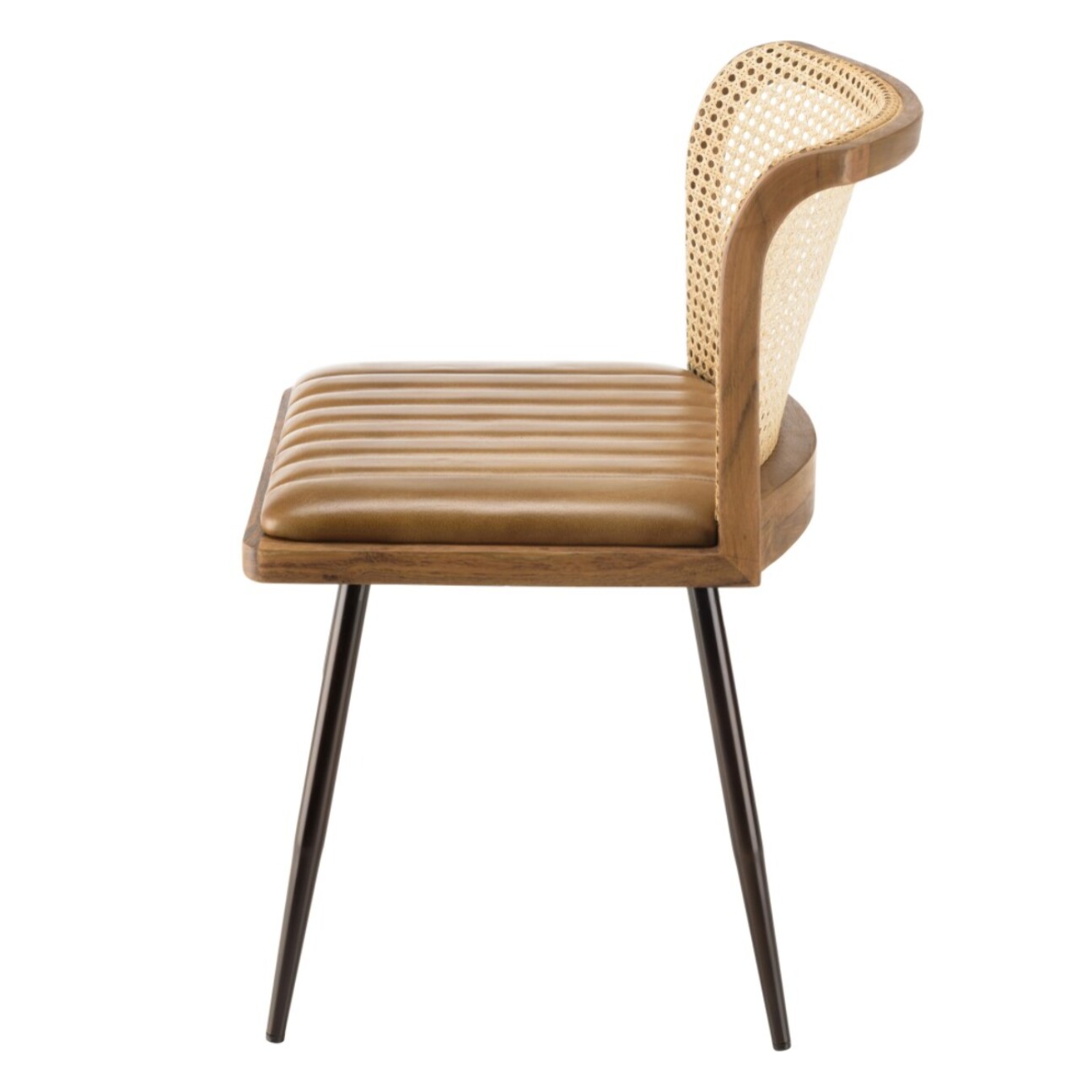 MARCEL - Lot de 2 chaises manguier assise matelassée cuir dossier rotin