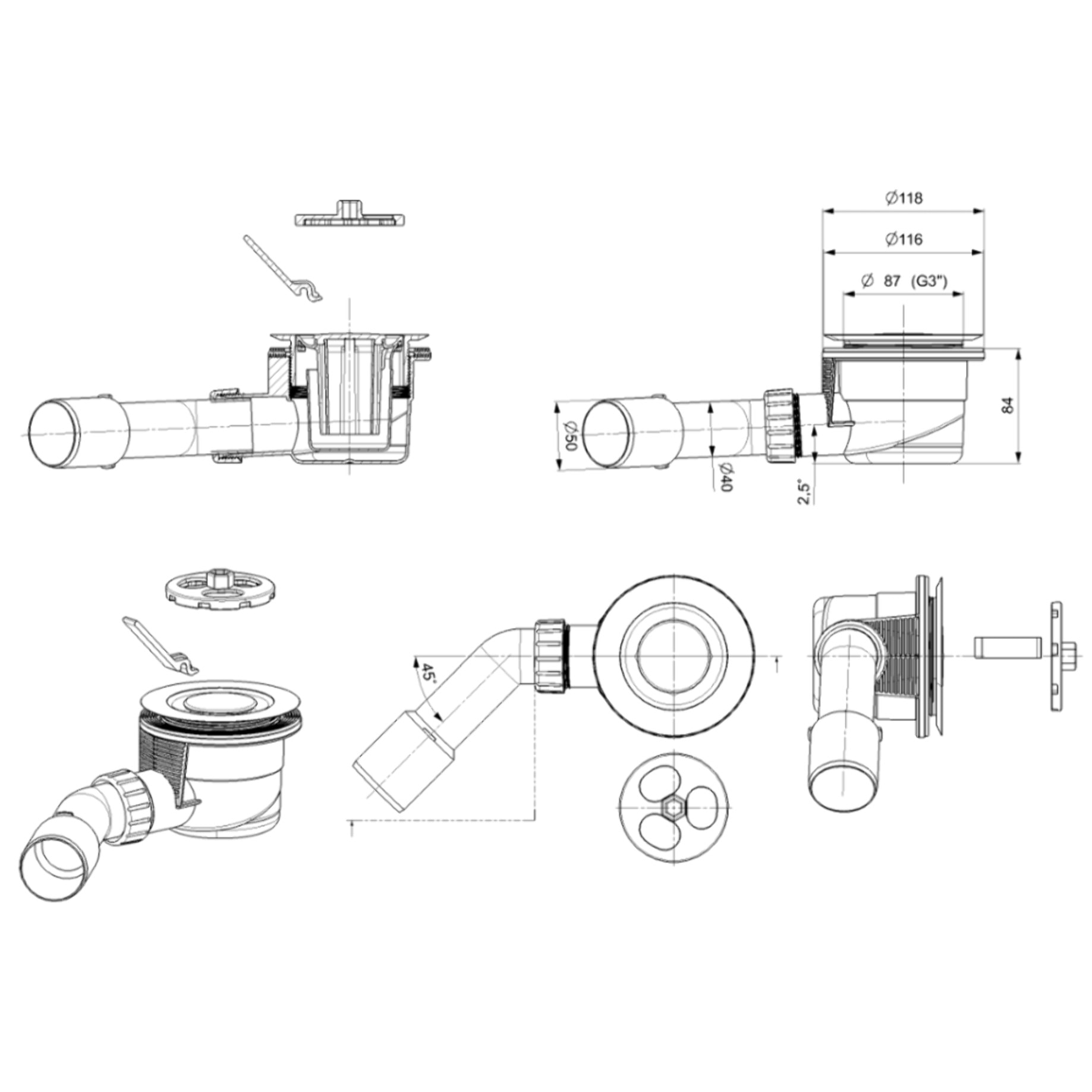 Siphon design pour receveur de douche 90 x 40/50m, couvercle blanc (E90KOB)