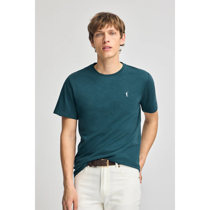 Maglietta blu in cotone flammé con ricamo Rigby Go