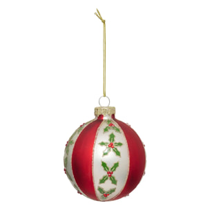 Boule verre décor houx D.8cm rouge et blanc