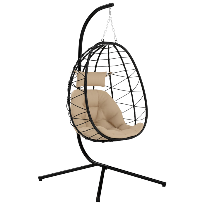 Silla Colgante Huevo con Soporte Columpio Jardín Exterior con Cesta Plegable Cojín y Reposacabezas Columpio Colgante para Interior y Exterior Carga 120 kg Caqui