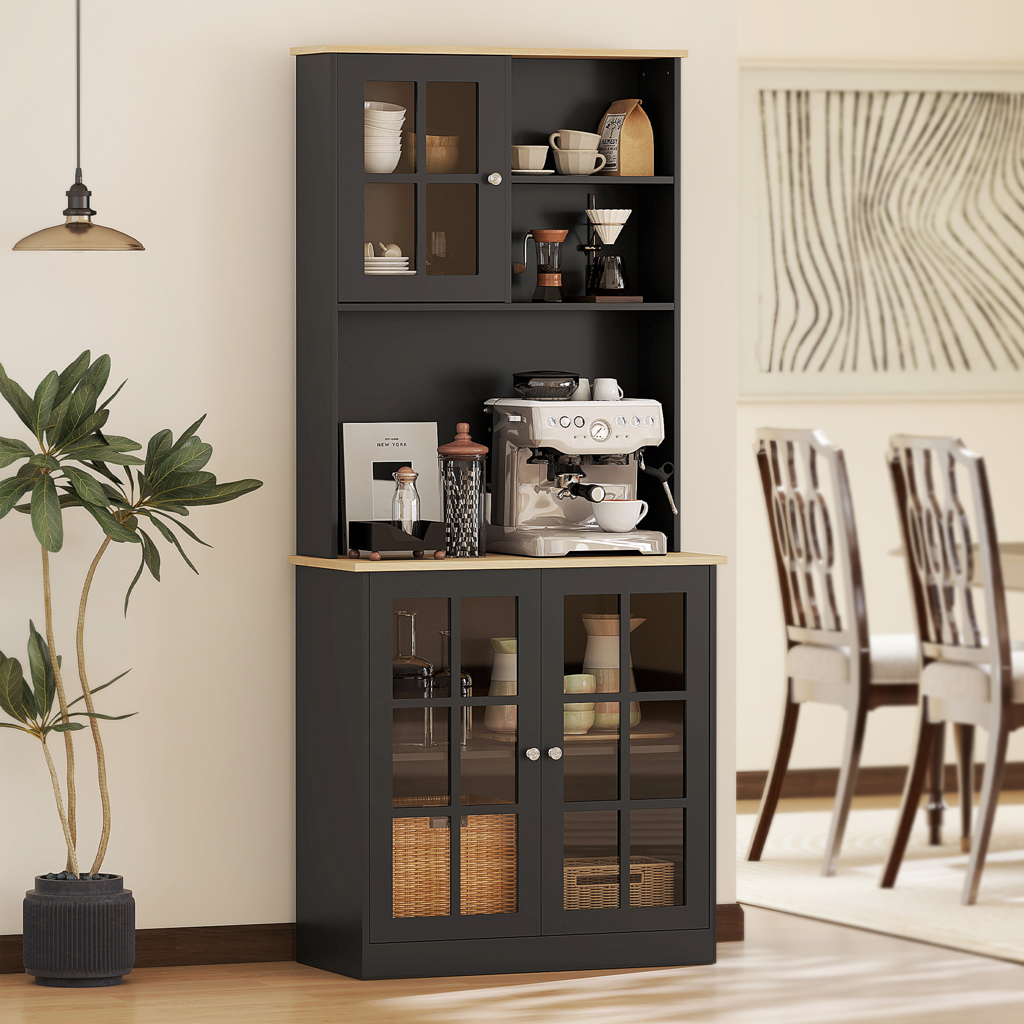 Alacena de Cocina, Mueble Auxiliar de Cocina, con 3 Puertas de Vidrio, Encimera Abierta para Microondas, Estantes Ajustables, Compartimentos Abiertos, 80x37x183 cm, Negro
