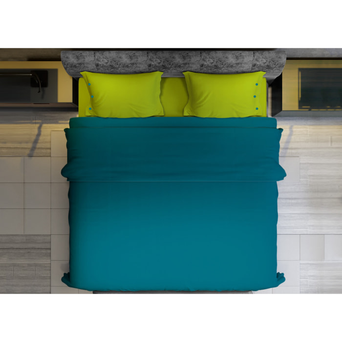 Completo Lenzuola Bicolor Estate/Inverno 100% Cotone Tinta Unita Amici Petrolio/Verde