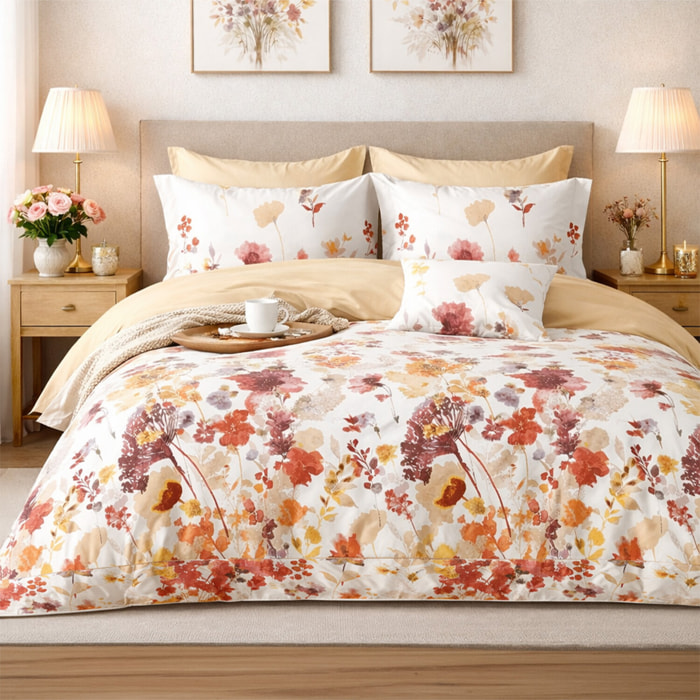 Parure housse de couette 100% percale de coton - motif floral aquarelle