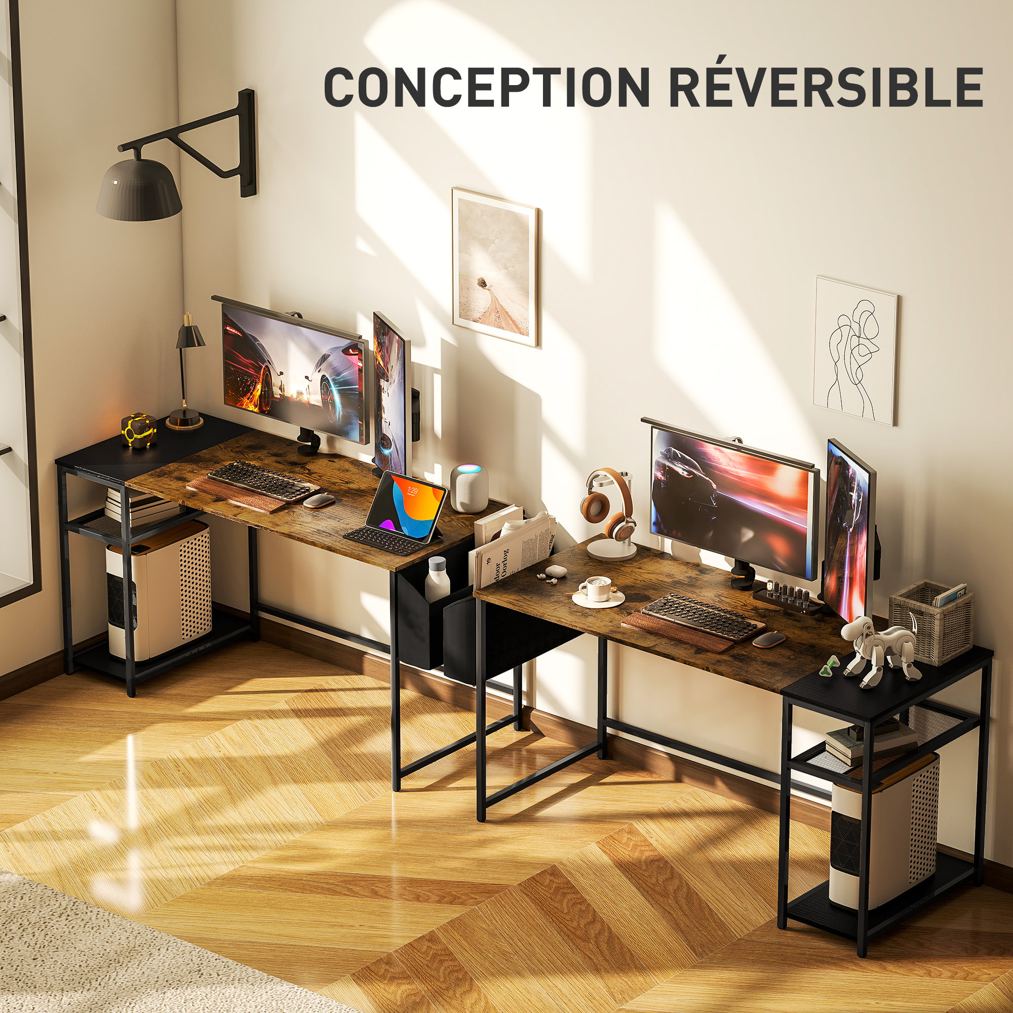 Bureau informatique style industriel dim. 150 x 60 cm - 3 étagères, panier - métal noir effet bois vieilli