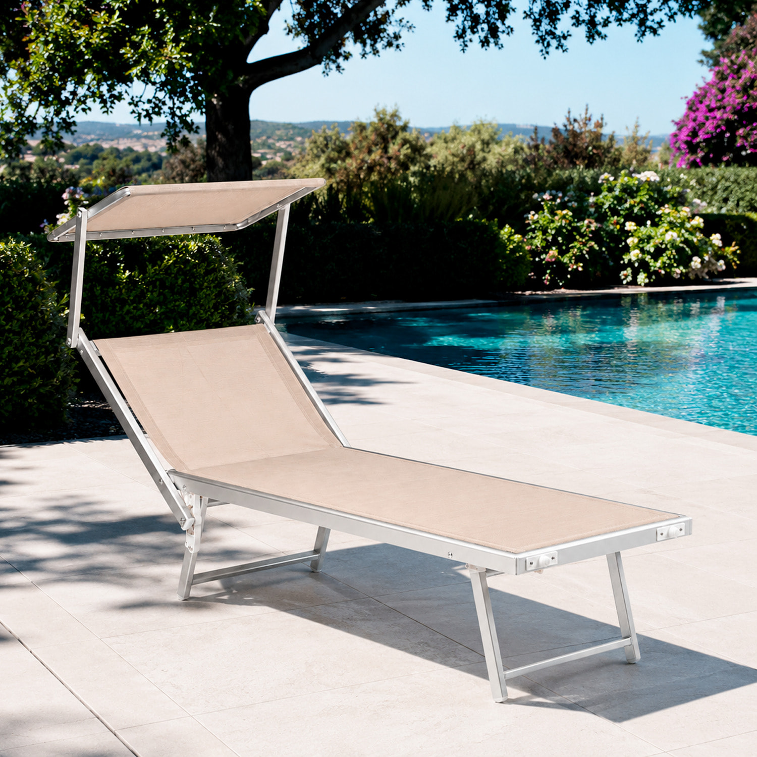 Lettino Prendisole Pieghevole Professionale in Alluminio e Tessuto Textilene Tettuccio Orientabile Parasole Sdraio Mare Spiaggia 182x60x38 cm Beige
