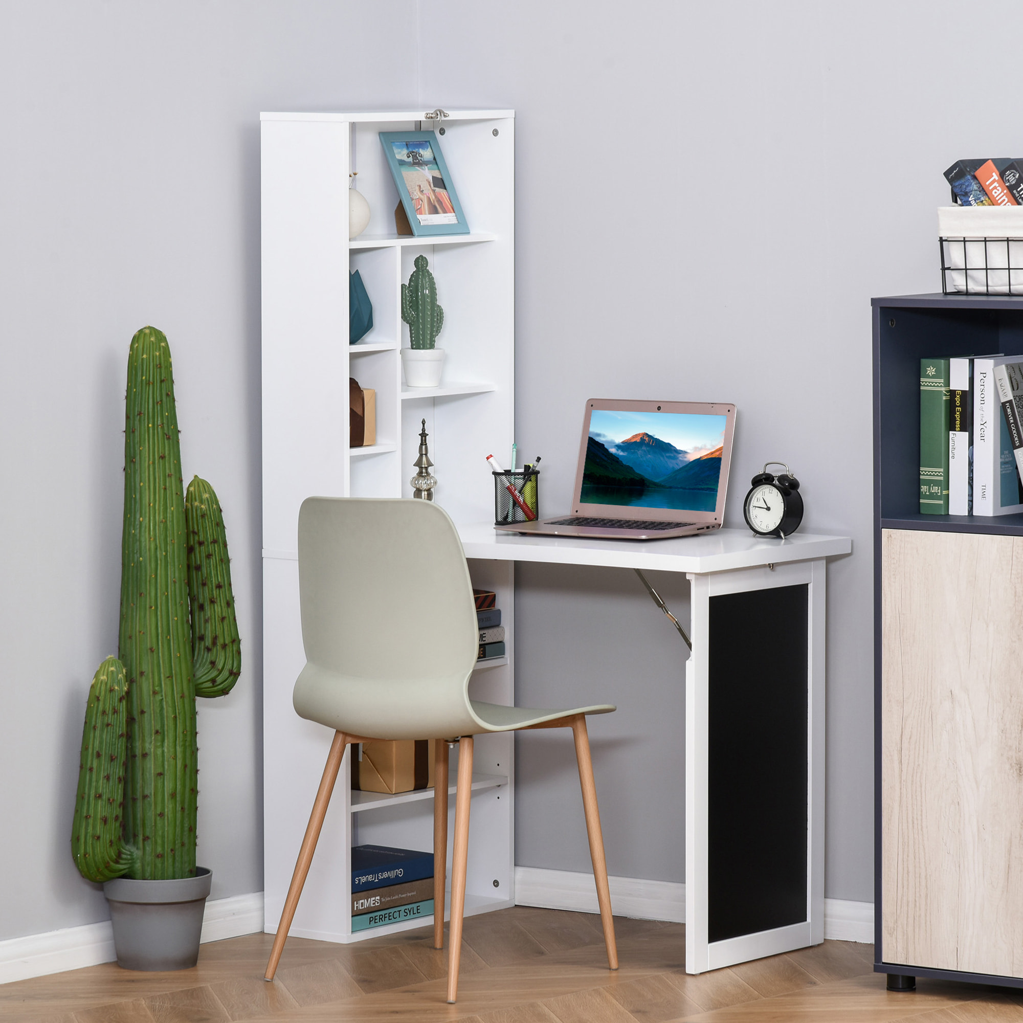 Bureau mural pliable table murale rabattable suspendue sur pied avec bibliothèque tableau à craie intégré panneaux particules blanc