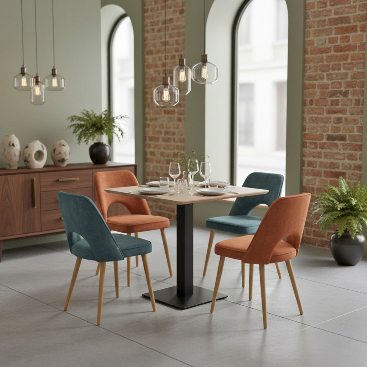 Tavolo 70x70 moderno con top rovere e piede nero - Jago