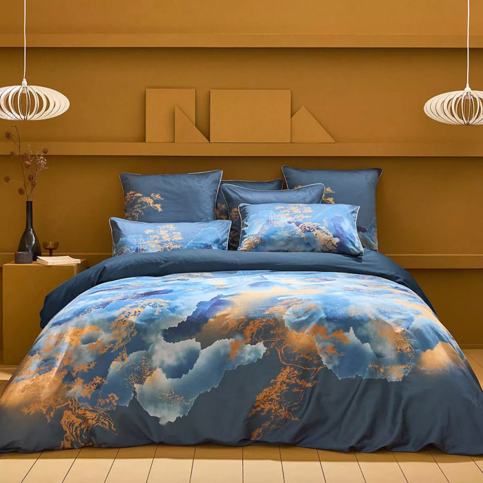 Housse de couette satin de coton imprimé bleu or Fuji nocturne
