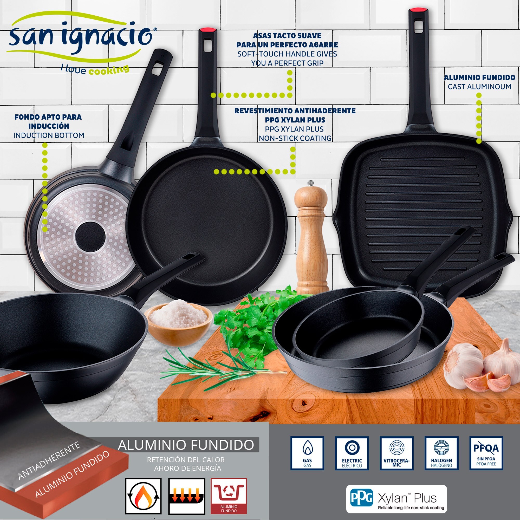 Set de 7pc batería de cocina en alu forjado+ 2 sartenes ø20ø28 inducción + olla a presión 9l acero inox san ignacio