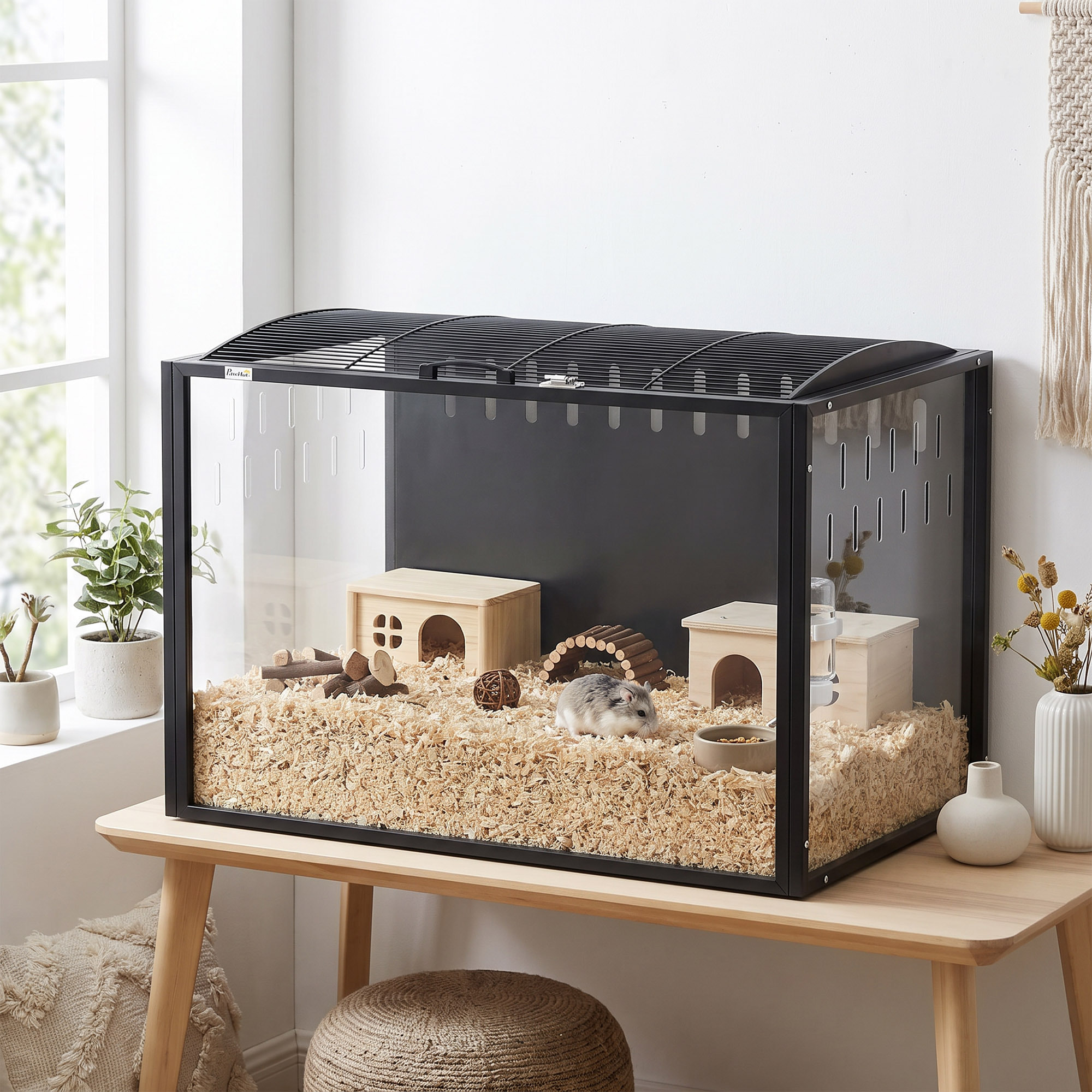 Cage hamster grande taille acrylique acier dim. 81x51x53cm toit ouvrant noir