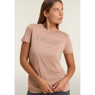 T-shirt donna con logo in strass bicolori