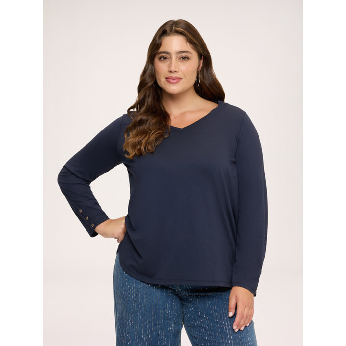 Fiorella Rubino - T-shirt in jersey con bottonicini sui polsisni - Blu