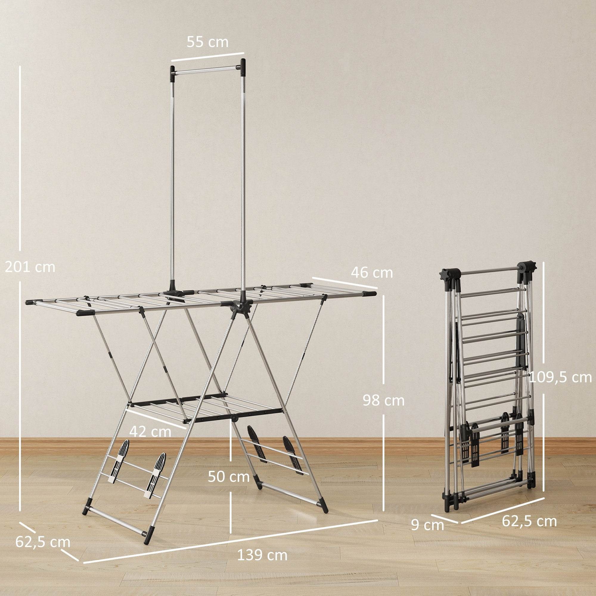 Tendedero Vertical Plegable, Tendedero de Ropa con Alas Ajustables en 5 Niveles, 4 Soportes para Calzado, Barra y Estante, Marco de Acero Inoxidable, para Interior y Exterior, Plata