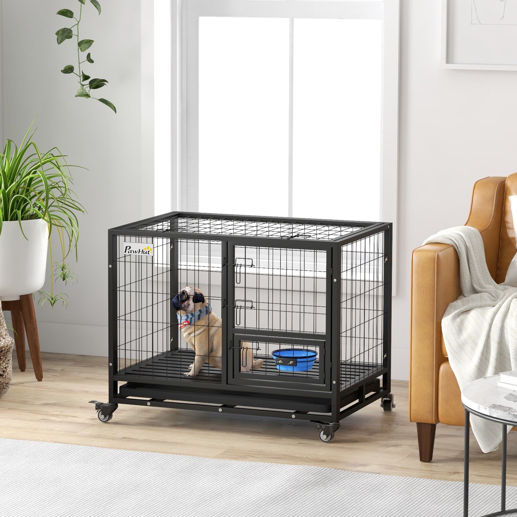 Cage pour chien sur roulettes 2 portes verrouillables - support gamelle, plateau amovible - acier noir