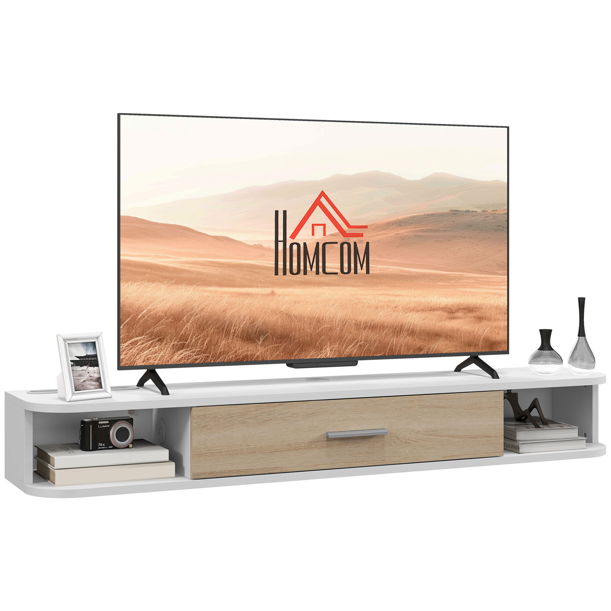 Meuble TV mural banc TV design flottant - 2 niches, porte abattante - dim. 120L x 26l x 16H cm - blanc aspect chêne clair