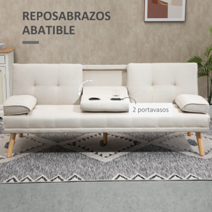 Sofá Cama 3 Plazas, Mesa Abatible con 2 Soportes para Vasos, 181x77x78 cm, Sofá Cama con Respaldo Ajustable, Apertura Clik-Clak, Reposabrazos Desmontables, Patas de Madera, Beige