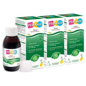 PEDIAKID - Toux Sèche & Grasse - Formule Exclusive au Sirop d'Agave - Calme la Toux - Soulage l'irritations de la Gorge - Arôme Naturel Citron - Lot de 3 flacons 125 ml