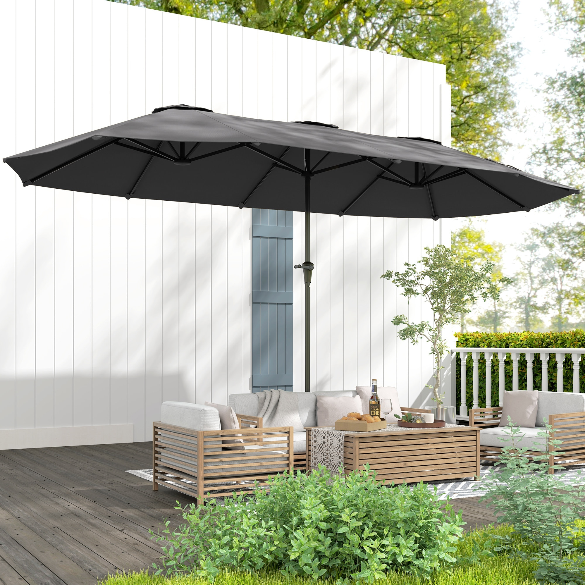 Sombrilla Doble 4x2,2 m Sombrilla Terraza Exterior con Manivela Manual Impermeable y Protección UV30+ Parasol Grande para Terraza Playa Piscina Gris Oscuro