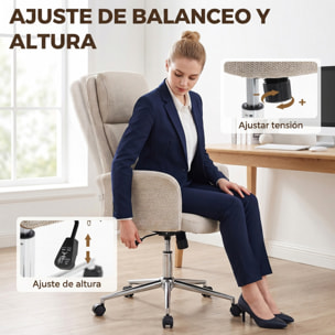 HOMCOM Silla de Escritorio Giratoria Tapizada en Chenilla, Silla de Oficina con Respaldo Alto, Función de Balanceo, Altura Ajustable, Reposabrazos Acolchados y Ruedas de PU, Beige