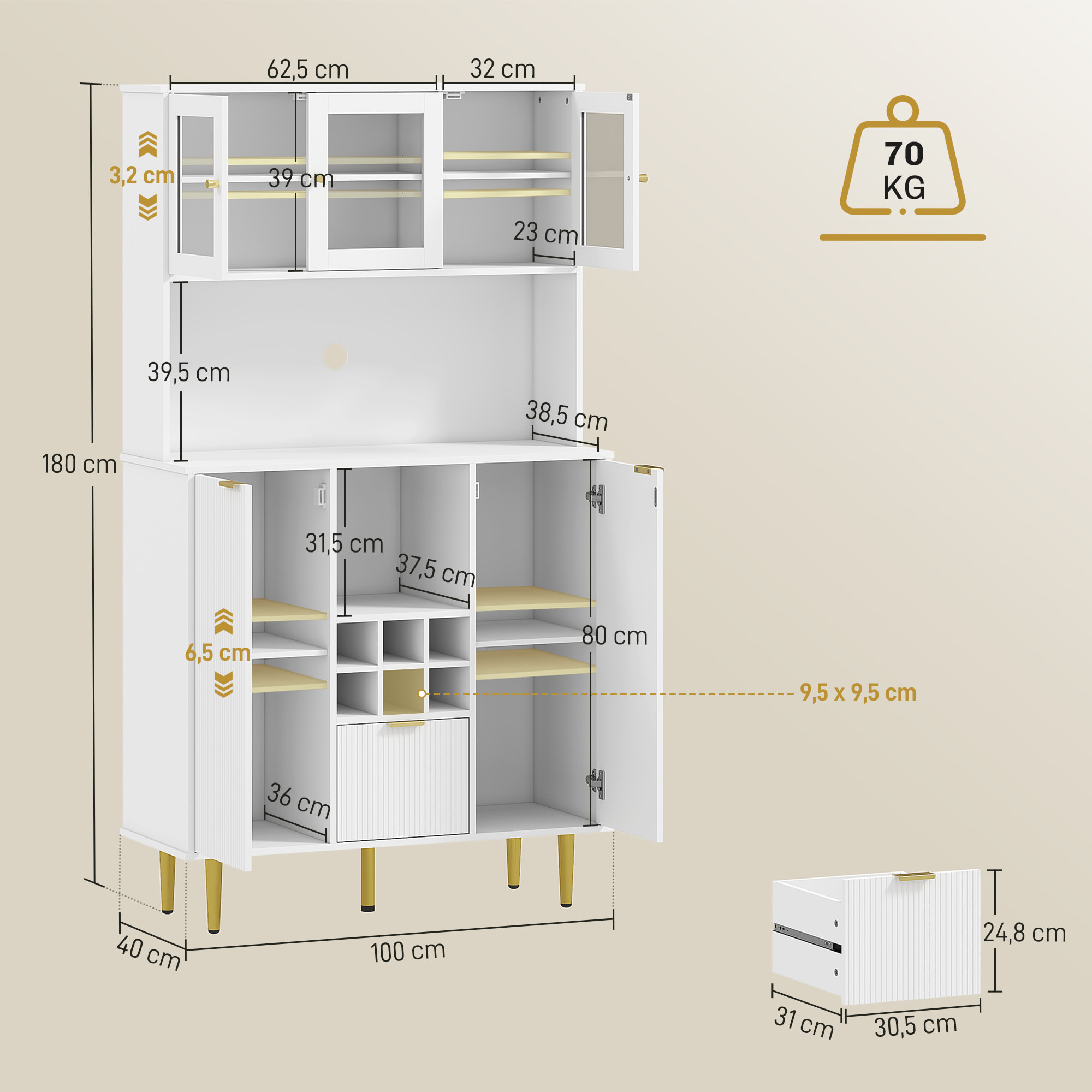 Alacena de Cocina Mueble Auxiliar de Cocina Aparador Alto con 3 Puertas de Vidrio Botellero Cajón Estantes Ajustables y Compartimentos Abiertos 100x40x180 cm Blanco