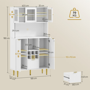 Alacena de Cocina Mueble Auxiliar de Cocina Aparador Alto con 3 Puertas de Vidrio Botellero Cajón Estantes Ajustables y Compartimentos Abiertos 100x40x180 cm Blanco