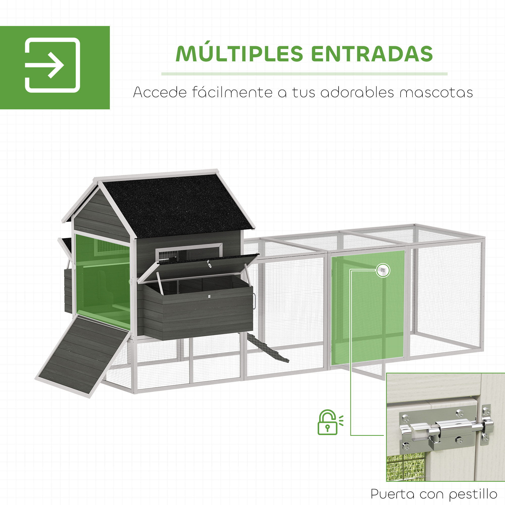 Gallinero de Madera Grande Exterior, Caseta para Gallinas con 2 Nidos, Corral, Techo Asfáltico, Bandeja Extraíble y Rampa, Casa Elevada para 8-10 Gallinas, Conejos, 347x160x150 cm, Gris Oscuro