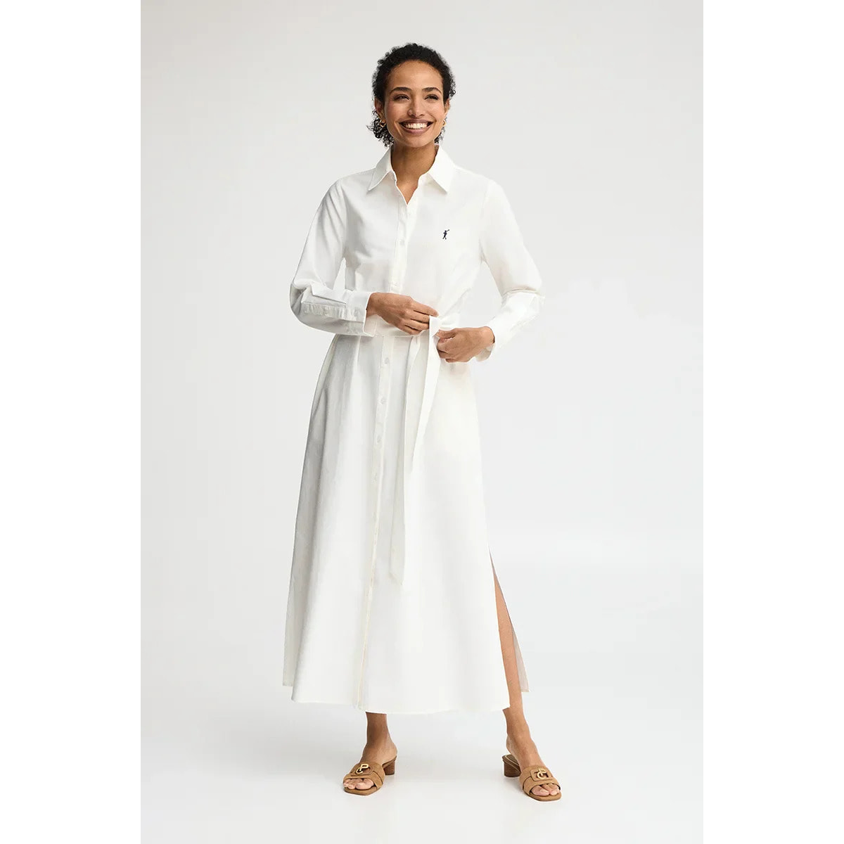 Vestito chemisier cotolino bianco a maniche lunghe con logo Rigby Go
