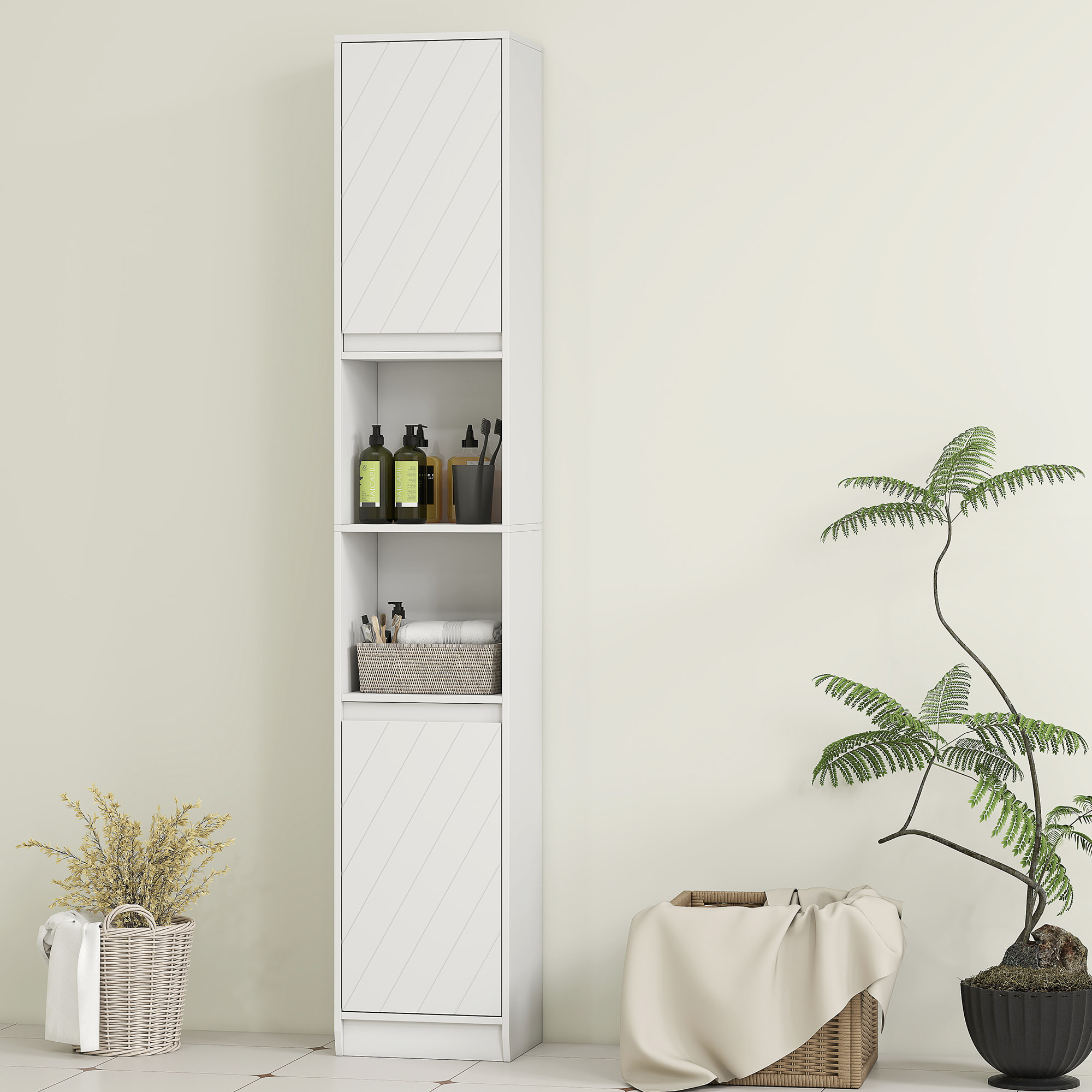 Armario de Baño Alto, Columna de Baño Estrecha con 2 Puertas y 2 Estantes Abiertos, para Espacios Pequeños, 30x24x170 cm, Blanco