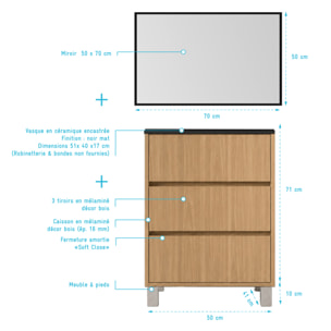 Meuble de Salle de Bains 50cm 3 tiroirs Chêne Clair, Vasque Noire et Miroir Cadre Noir 50x70 XENOS