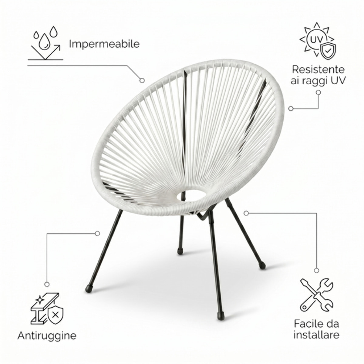 Sedia da giardino in acciaio e vimini sintetico multistring, poltrona outdoor design moderno, resistente a UV e acqua, antiruggine e facile da montare, seduta ergonomica e traspirante, ideale per balcone terrazzo e giardino