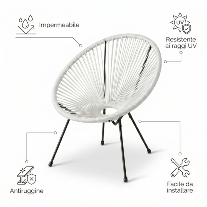 Sedia da giardino in acciaio e vimini sintetico multistring, poltrona outdoor design moderno, resistente a UV e acqua, antiruggine e facile da montare, seduta ergonomica e traspirante, ideale per balcone terrazzo e giardino