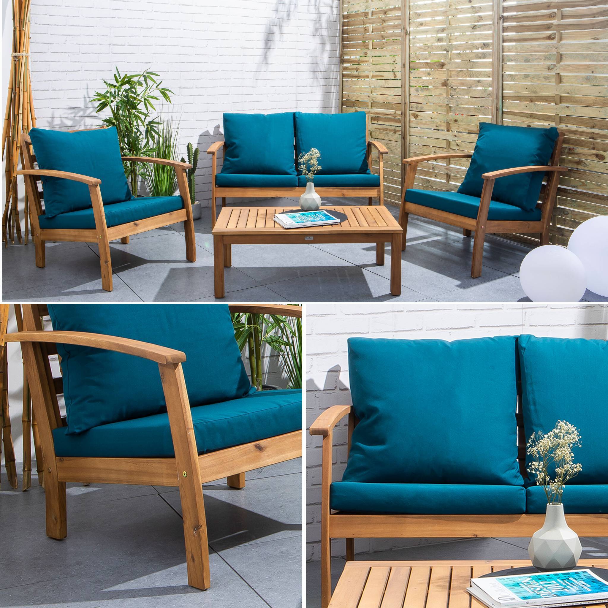 Salon de jardin en bois 4 places - Ushuaïa - Coussins bleu canard. canapé. fauteuils et table basse en acacia. design
