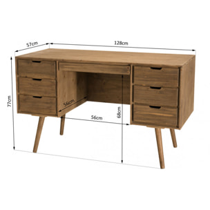 ANDREW - Bureau scandi bois marron 6 tiroirs Sapin