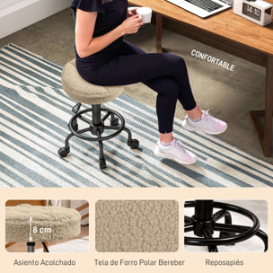 Taburete Giratorio Redondo Taburete con Ruedas Altura Regulable 50-66 cm Asiento Tapizado en Tejido de Borreguito para Salones Talleres Spa Masaje Marrón Claro