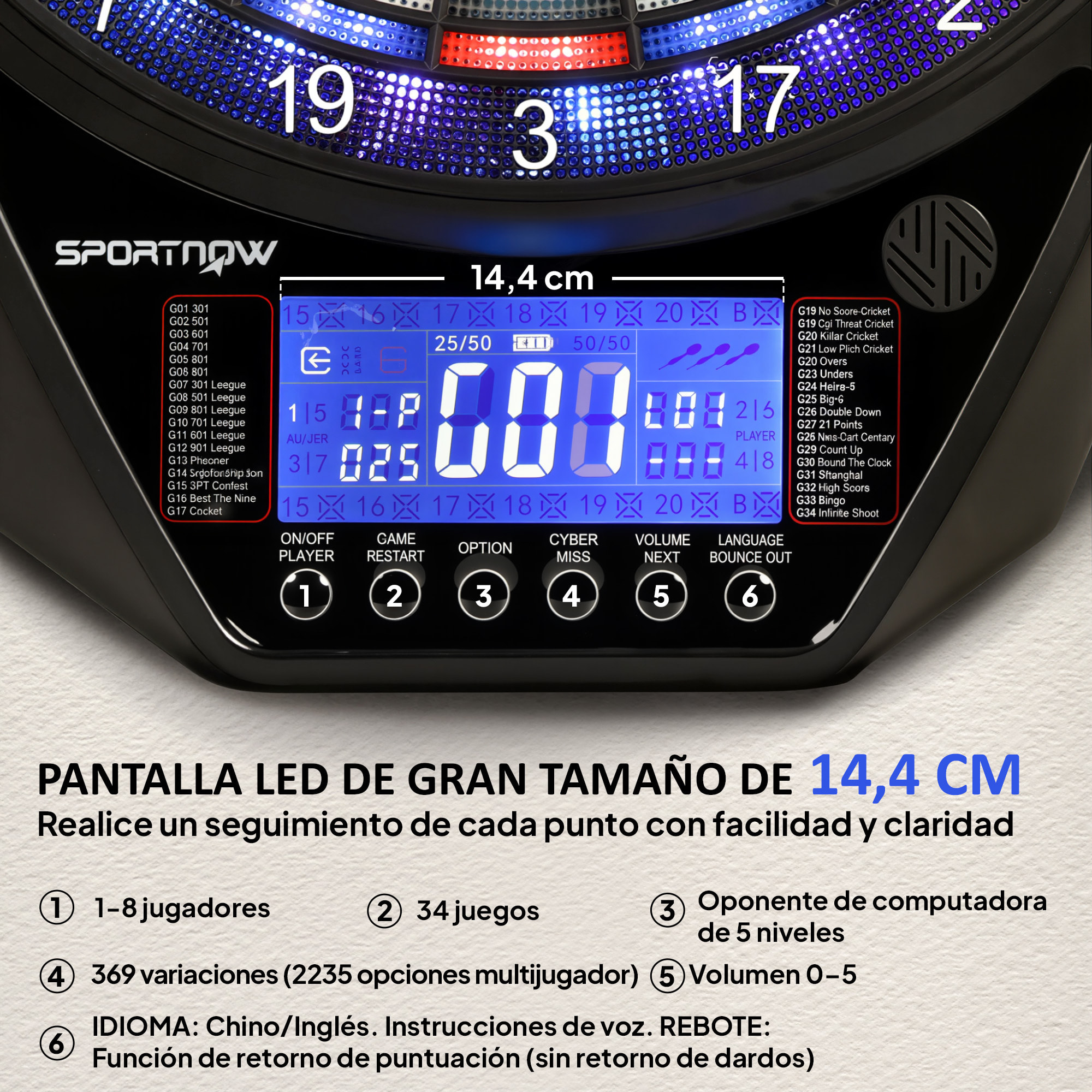Diana Electrónica con 6 Dardos y 24 Puntas Blandas, Pantalla LED para 8 Jugadores, Diana de Dardos de Pared con 34 Juegos y 2235 Programas para Niños y Adultos, Fiestas y Familia