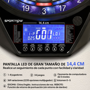 Diana Electrónica con 6 Dardos y 24 Puntas Blandas, Pantalla LED para 8 Jugadores, Diana de Dardos de Pared con 34 Juegos y 2235 Programas para Niños y Adultos, Fiestas y Familia