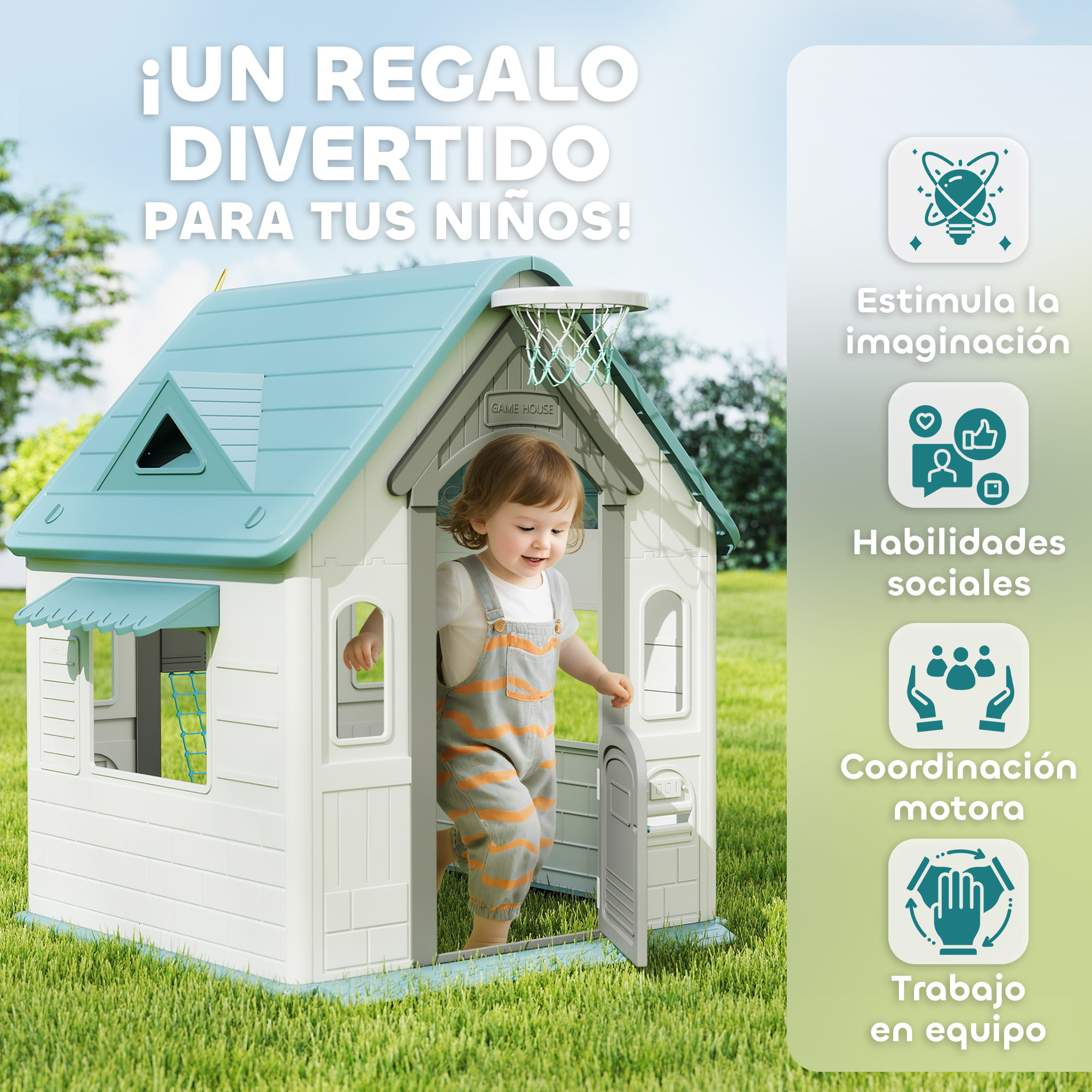 Casita Infantil Exterior e Interior 5 en 1, Casita Infantil de Jardín con Lanzamiento de Aros, Baloncesto, Fútbol, Dardos, Casa de Juegos para Niños de 2-5 Años, Beige