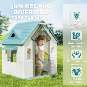 Casita Infantil Exterior e Interior 5 en 1, Casita Infantil de Jardín con Lanzamiento de Aros, Baloncesto, Fútbol, Dardos, Casa de Juegos para Niños de 2-5 Años, Beige