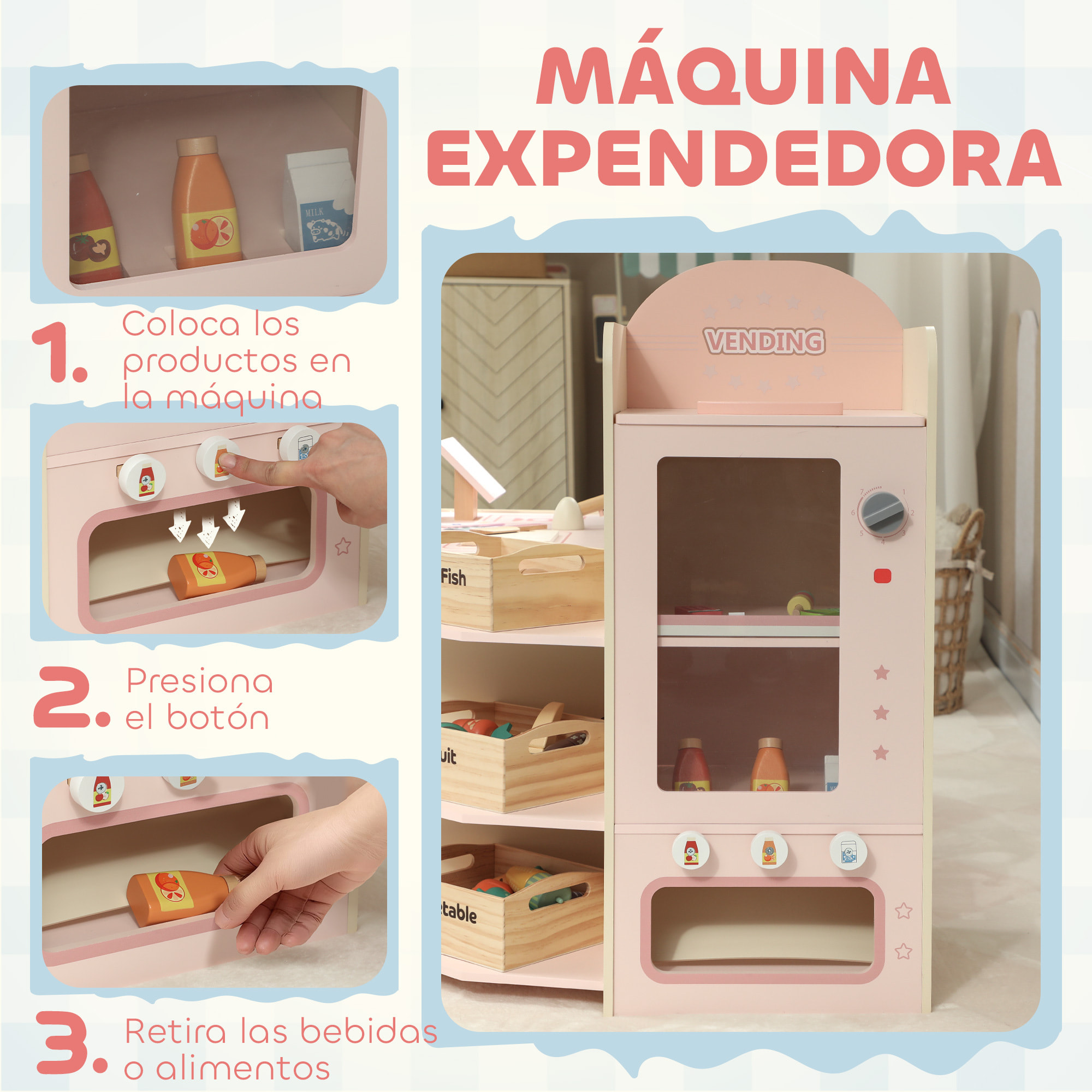 Supermercado Juguete Madera, Tienda de Comestibles con Caja Registradora, Máquina Expendedora, 3 Estantes Abiertos, 4 Compartimentos y Cajas Etiquetadas, para Niños de +3 Años, Rosa