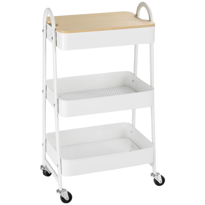 Carrito Auxiliar con Ruedas de 3 Niveles, Carrito de Cocina con 3 Cestas de Acero y 1 Placa de Cubierta, para Comedor, Sala Baño, 45x31x79,4 cm, Blanco