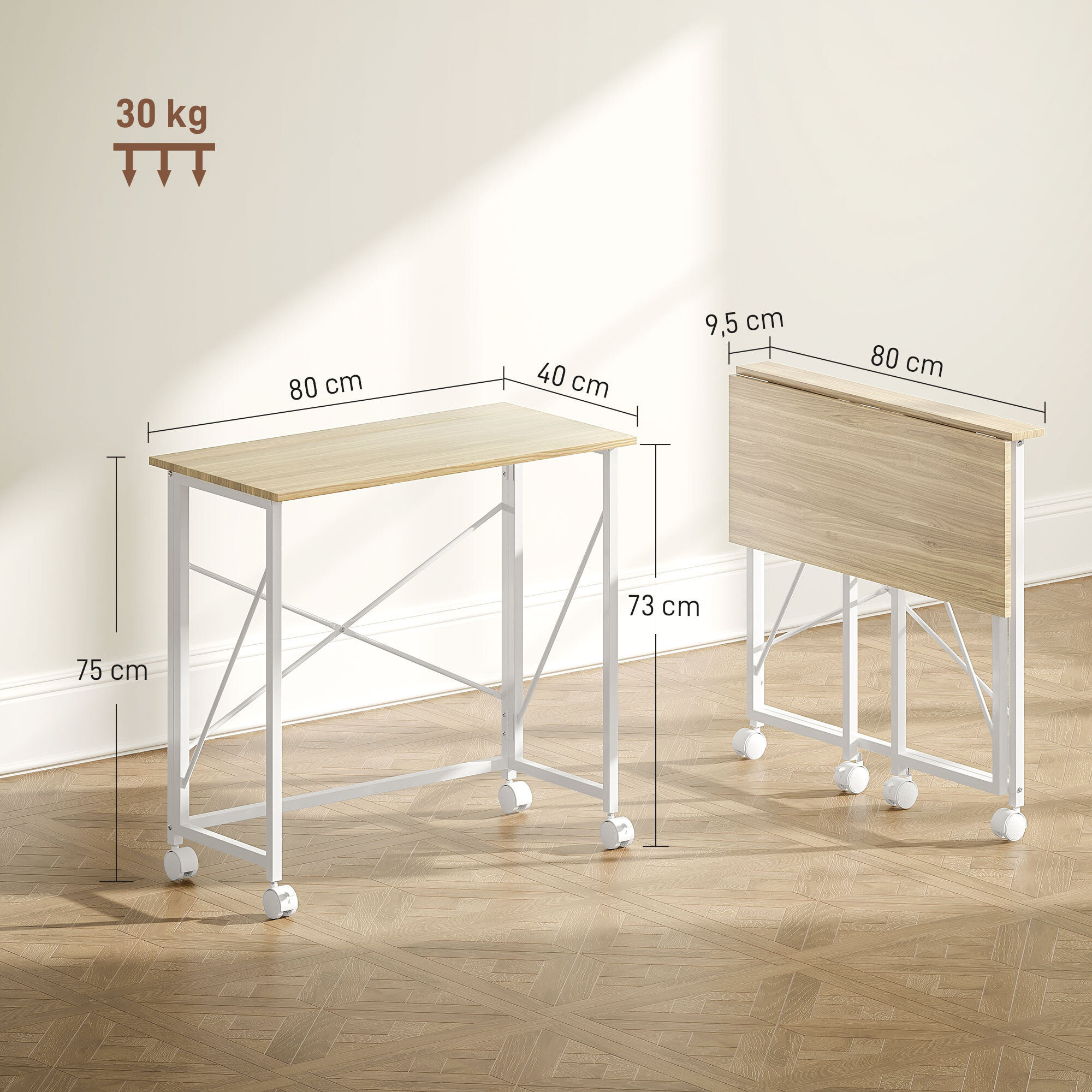 Bureau pliable à roulettes dim. 80x40cm acier blanc effet chêne clair