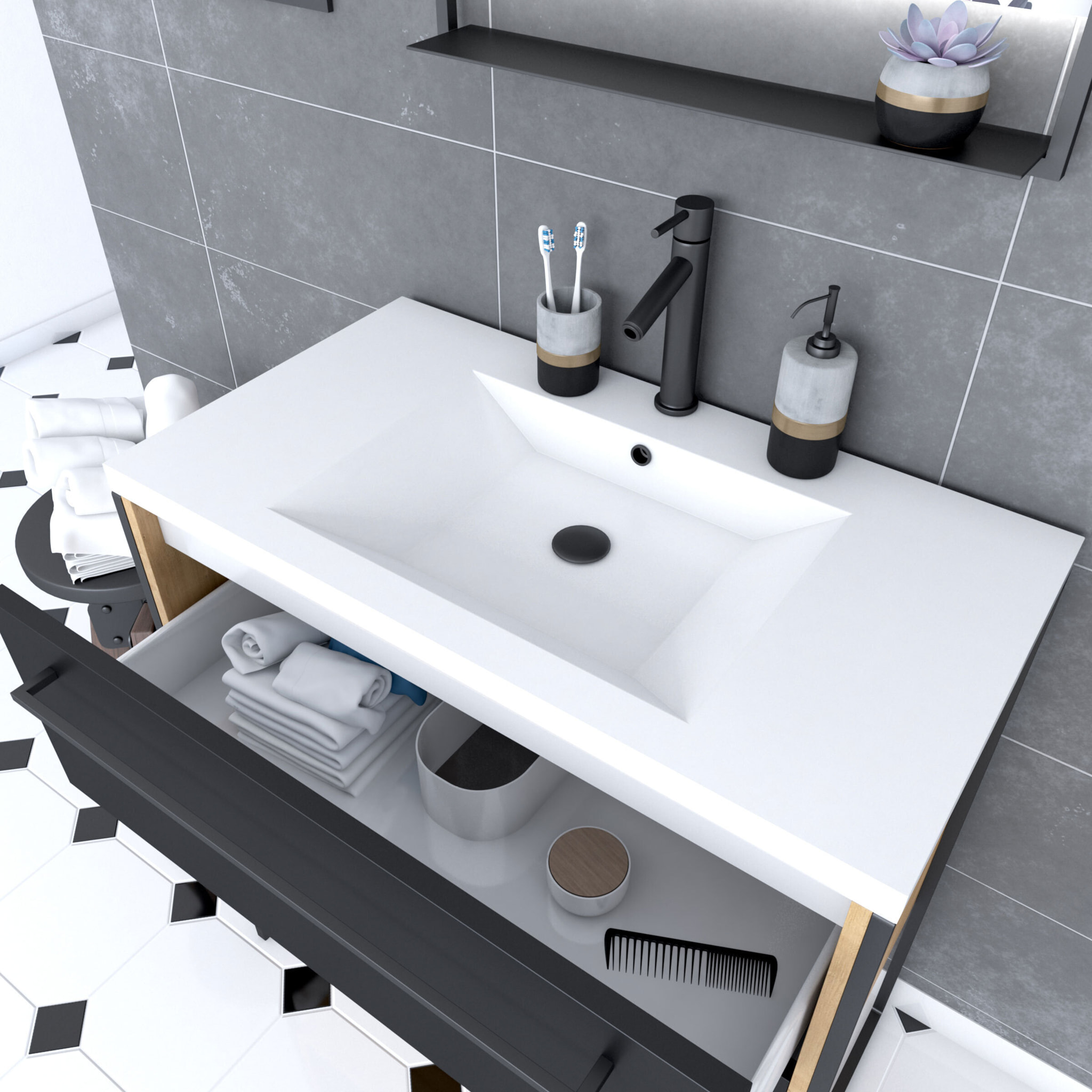 Meuble de salle de bain 80x50cm - vasque blanche 80x50cm - 2 tiroirs noir mat