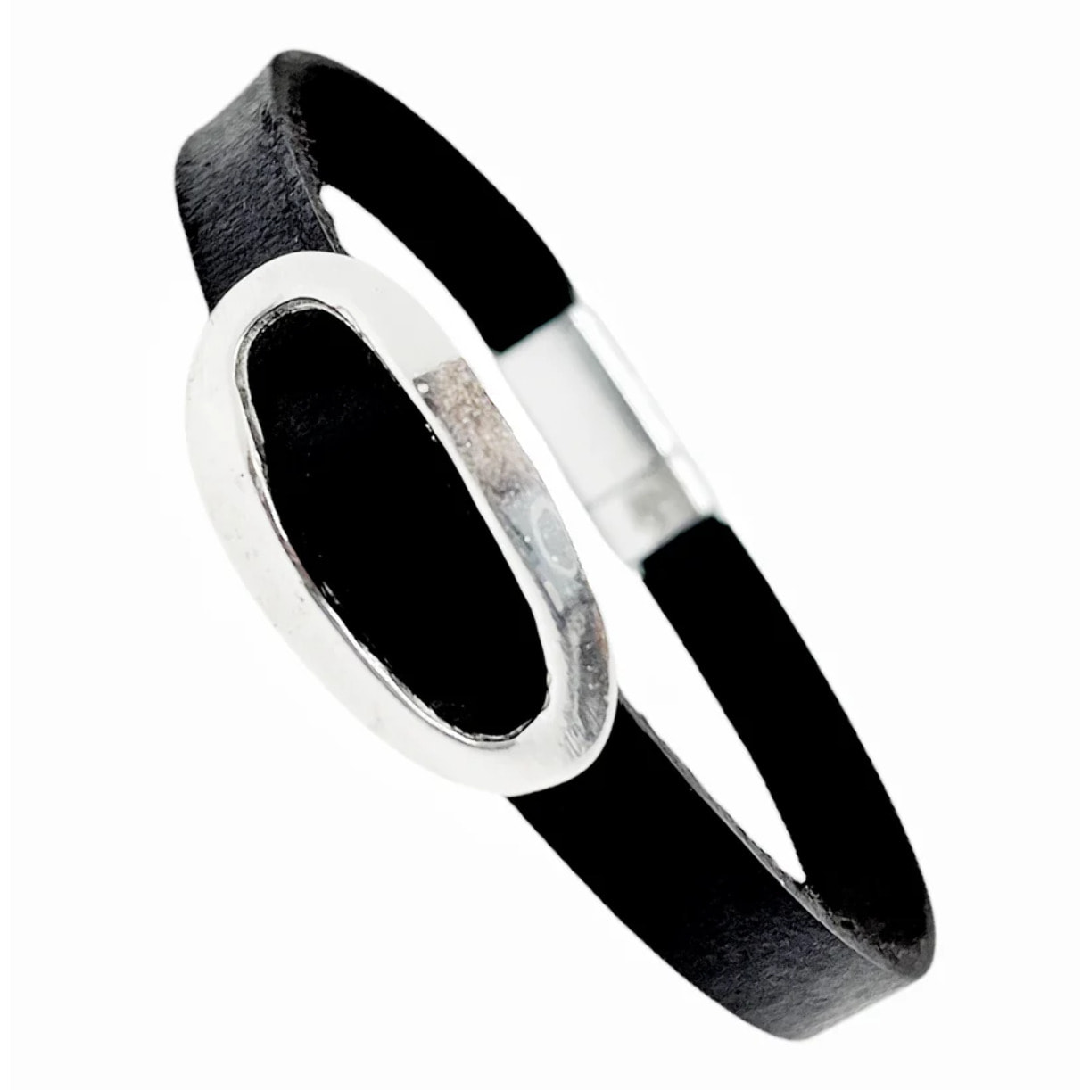 Pulsera cuero Hebilla cierre iman negro y plata