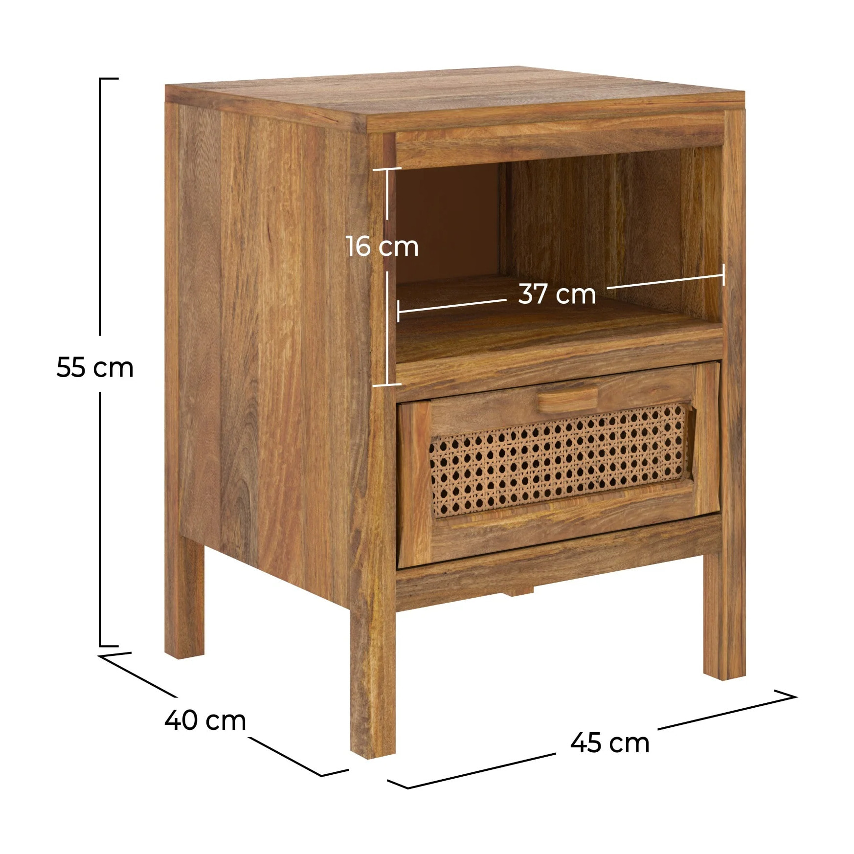 Table de chevet en cannage et bois, 1 tiroir et 1 niche - Tiki
