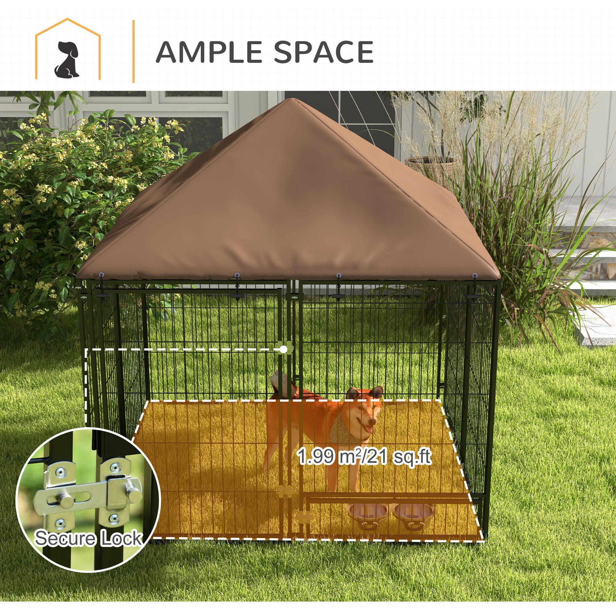 Chenil extérieur pour chiens en métal et tissu oxford avec support gamelle et toit résistant aux intempéries espace spacieux 141L x 141l x 151H cm noir