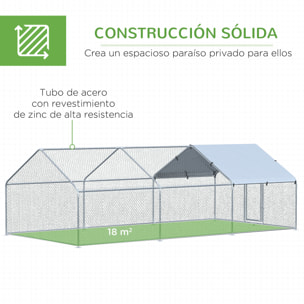 Gallinero Exterior Grande de Metal Galvanizado 3,03x6x1,95 m Jaula de Aves de 3 Habitaciones Cubierta de Tela Oxford Resistente a los Rayos UV y al Agua para Patio Plata