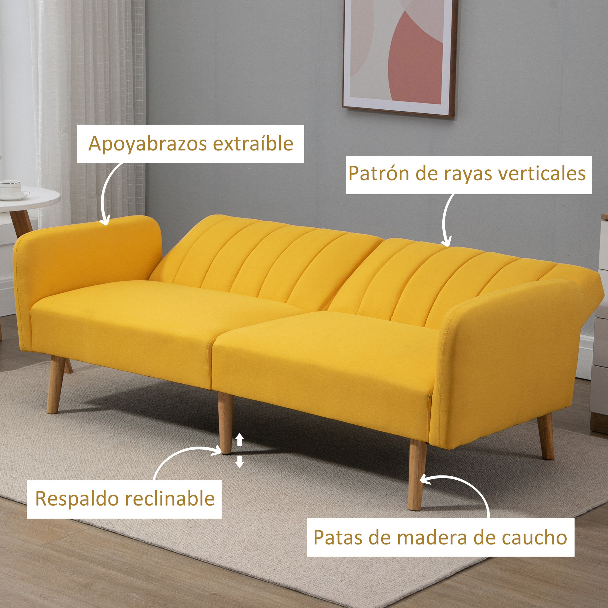 Sofá Cama de 2 Plazas Tela con Respaldo Ajustable en 3 Posiciones Reposabrazos Desmontables y Patas de Madera Sofá Doble Moderno para Salón Oficina 173x75x73 cm Amarillo