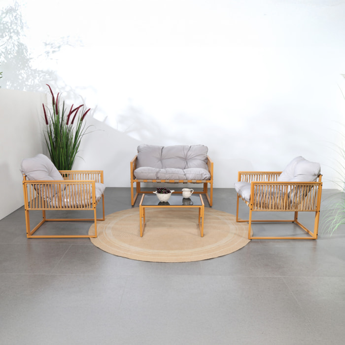FORLI Salon de jardin 4 places effet rotin coussins gris clair